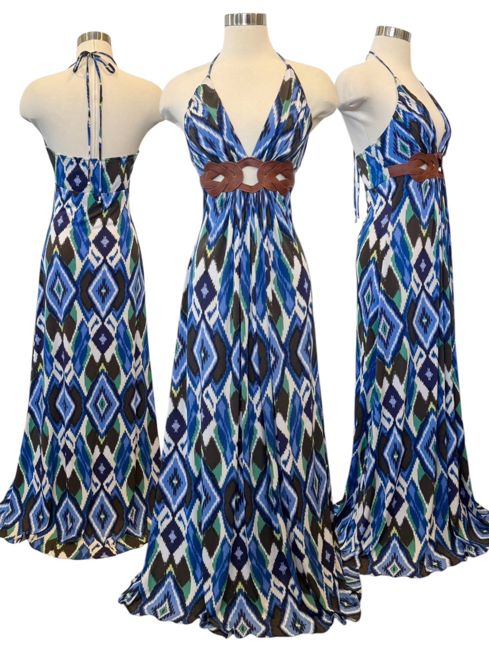 SKY IKAT Blue Brown Leather Braid Belt Keyhole Halter Maxi Gown Slip Dress NWOT - Picture 4 of 11